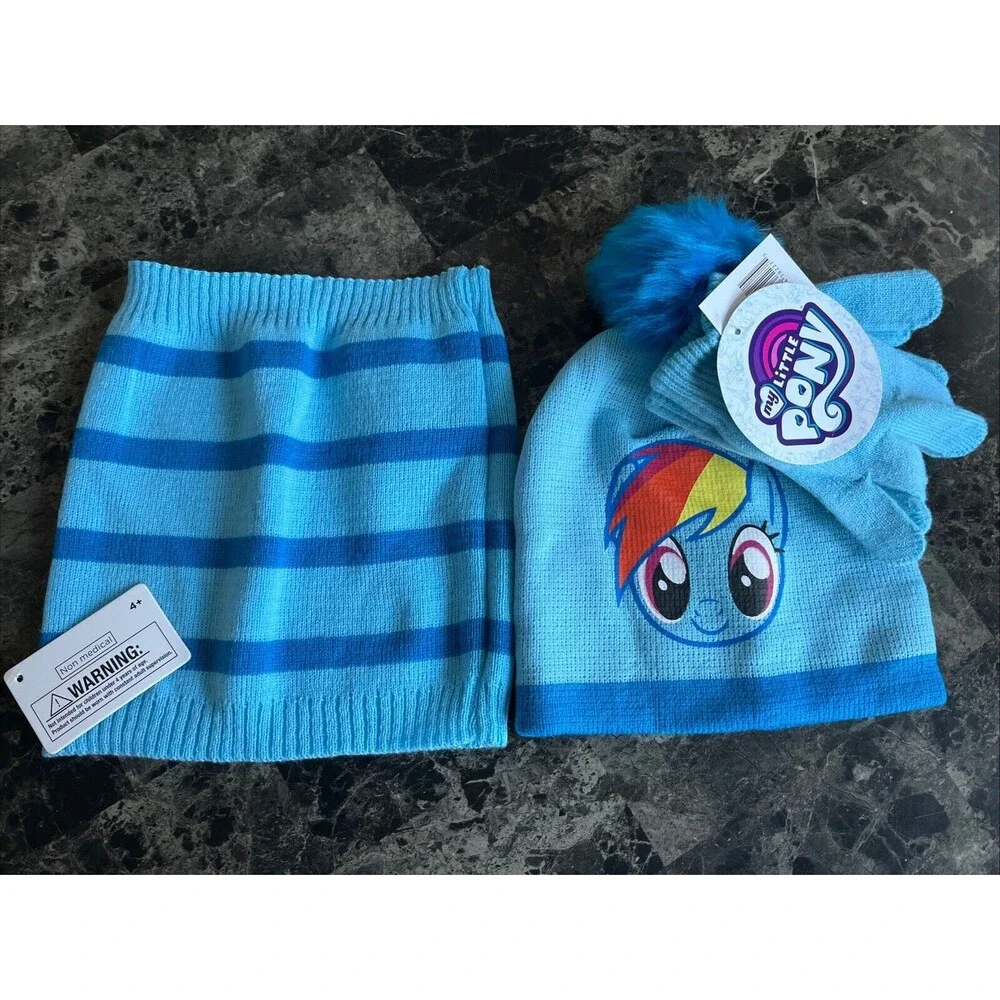 Hasbro My Little Pony Girls Winter Pom Pom Beanie Gloves & Gaiter Set Age 4-7